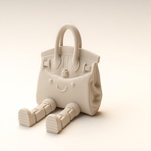 May include: A whimsical, off-white handbag with a smiling face and attached legs. The bag features a top handle, a clasp, and decorative details. The legs are rectangular with horizontal lines on the feet, giving the bag a playful appearance.