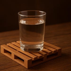 May include: A clear glass of water sits on a small, wooden pallet-shaped coaster. The coaster is made of light brown wood and has a miniature pallet design. The glass is filled with clear liquid, likely water.