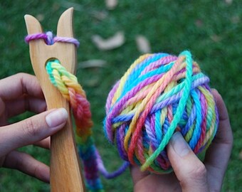 Wooden Knitting Fork with Hand Painted Rainbow Wool ~ awesome Kids Craft -