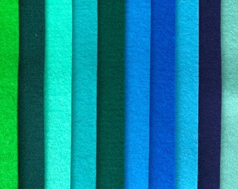 Pure Wool Felt in Blue + Green Tones ~ 10 pack (free shipping Australia)