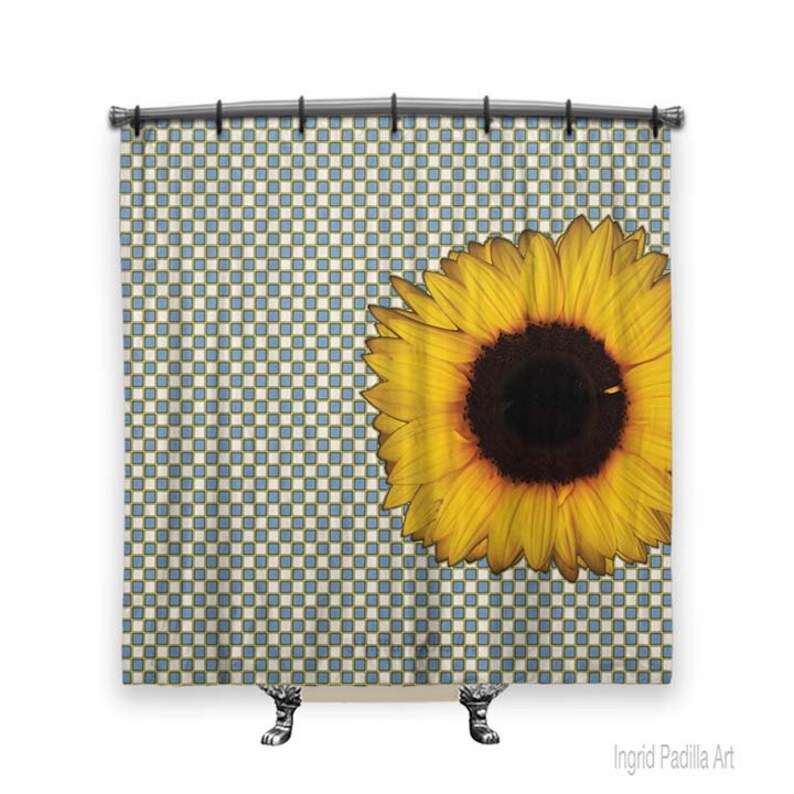 Big Sunflower Shower Curtain Blue Fabric Checd Bath Boho Chic Decor