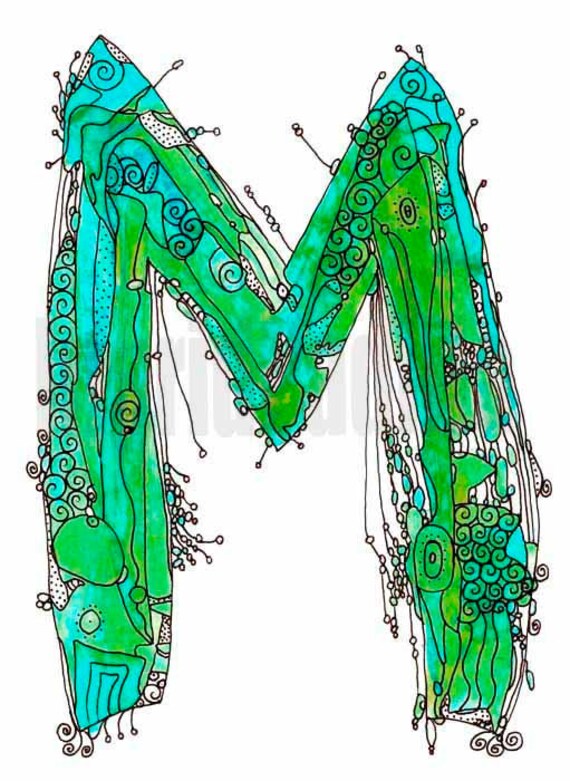 Items similar to Whimsical letter M funky Art Print paint and ink