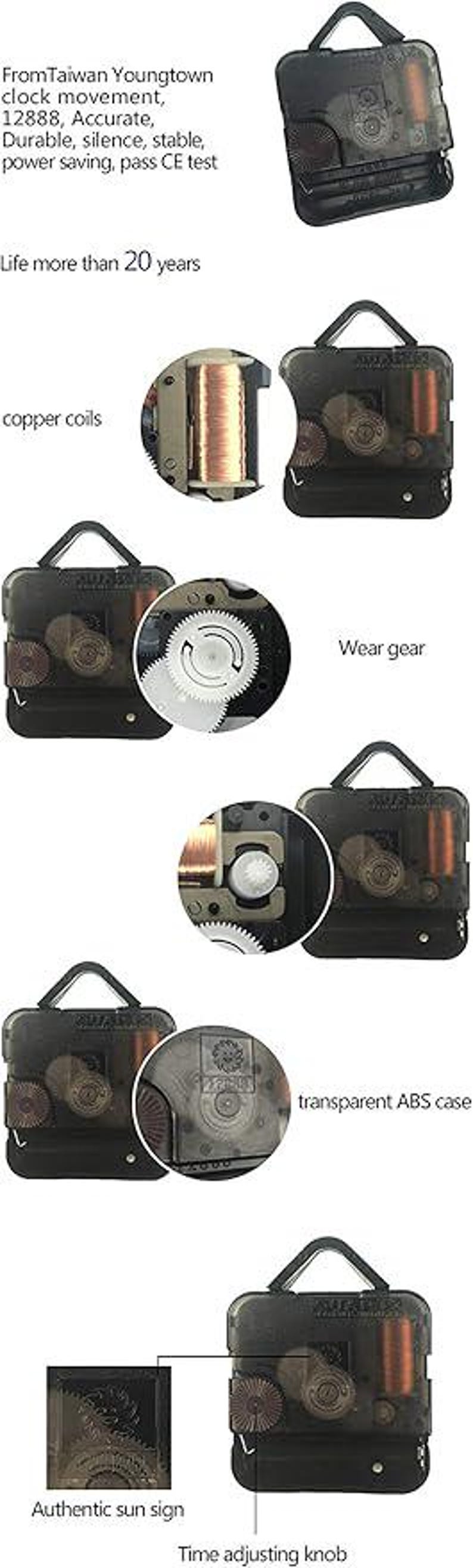 May include: Close-up of a clock movement mechanism with copper coils, gears, and a transparent ABS case. The text "FromTaiwan Youngtown clock movement, 12888, Accurate, Durable, silence, stable, power saving, pass CE test Life more than 20 years" is visible.