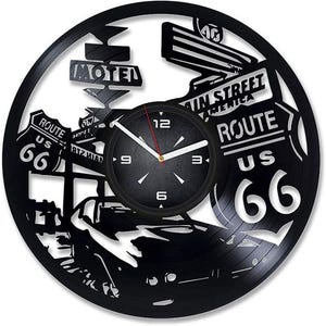 Horloge disque vinyle Route 66, cadeaux pour amateurs de voitures, décoration de garage, art mural Mancave, panneau Route des États-Unis, décoration de bureau pour homme, cadeau de Noël pour papa