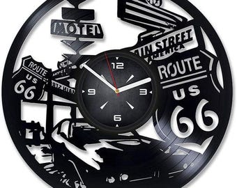 Route 66 Vinyl Record Clock, Car Lover Gifts, Garage Decor, Mancave Wall Art, US Route Sign, Mens Office Decoration, Christmas Gift For Dad