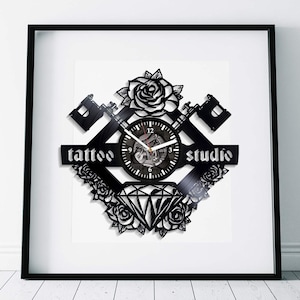 Tattoo Studio Vinyl Record Clock, Rose Wall Art, Tattoo Artist Gift, Office Decoration, Salon Decor, Birthday Gift For Girlfriend