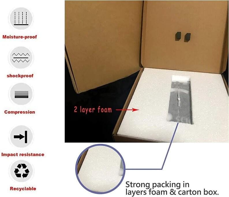 May include: A cardboard box with a white foam interior. The box is labeled "2 layer foam" and "Strong packing in layers foam & carton box."