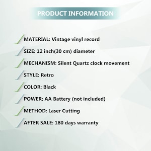 May include: Product information for a 12-inch (30 cm) diameter vintage vinyl record clock. The clock is black, has a silent quartz movement, and is powered by an AA battery (not included). It is made using laser cutting and comes with a 180-day warranty.