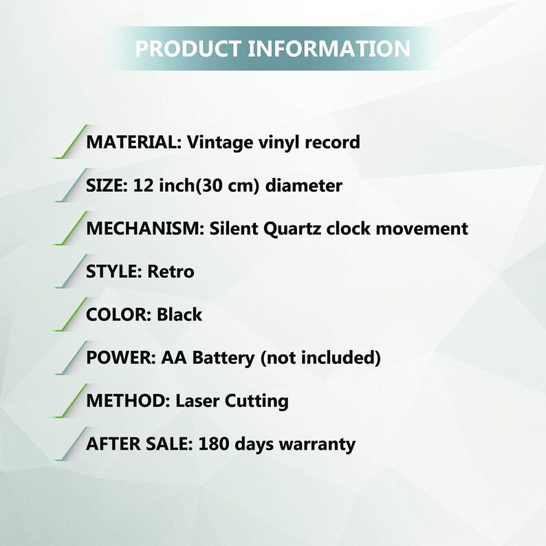 May include: Product information for a 12-inch (30 cm) diameter vintage vinyl record clock. The clock is black, has a silent quartz movement, and is powered by an AA battery (not included). It is made using laser cutting and comes with a 180-day warranty.