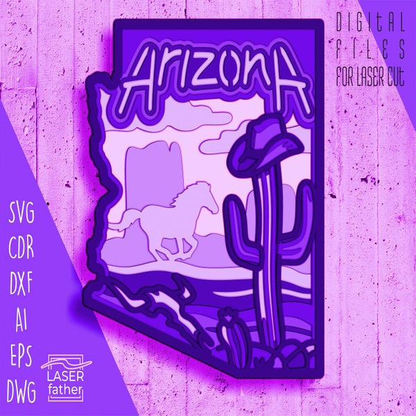 Arizona SVG Designs, Arizona State, Landscape Desert, Arizona Cactus, Digital Download for Laser Cut, Cricut Cutting File, 3D Papercraft