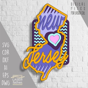 New Jersey SVG, New Jersey kaart, Verenigde Staten van Amerika, mandala lasergesneden bestand, 3D gelaagd papier, instant digitale download, Glowforge hout