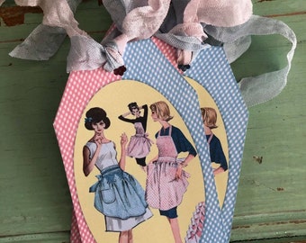 Blue and Pink Apron Girl Gift Tags. Set of 4 Gift Tags.