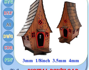 Casa de pájaros de madera cortada a láser (SVG, DXF, AI), archivo de corte láser de nido de pájaro de madera, archivo de corte láser de refugio de pájaros de madera de 3 mm, 3,5 mm, 4 mm y 1/8 de pulgada