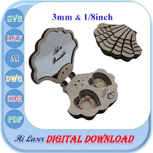 木製の貝殻の形をした結婚指輪ボックス SVG Dxf Ai、3 mm 1/8 インチの指輪ボックスホルダー レーザーカット ファイル