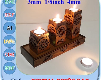 May include: A wooden candle holder with three candle compartments and a decorative base. The candle holder is made of wood and has a light brown finish. The candle holder is 3mm thick and 1/8 inch thick. The candle holder is 4mm thick. The candle holder is a digital download.