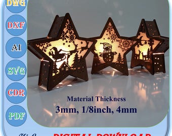 Laser Cut Christmas Star Night Light Box , 3mm 1/8inch 4mm Light Box Svg Dxf Ai Cut File