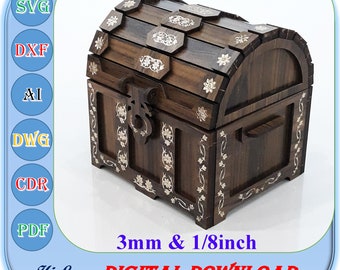 Treasure Chest SVG Jewelry Box Svg Cut file Wooden Box Cut Files Decorative Box vector 3mm,1/8 inch Chest DXF  Laser Cut Treasure Box