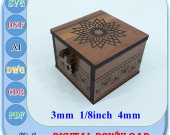 Laser-Schnitt-Geschenk-Box-Svg Dxf Ai, 3 mm 1/8 Zoll 4 mm Holzkiste Laser-Cut-Datei