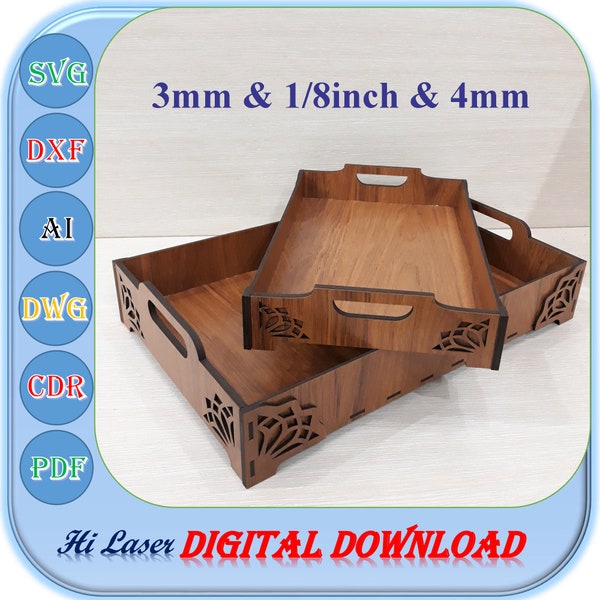 Laser Cut Wooden Flat Serving Tray Svg Dxf Files for 3mm, 4mm, 1/8 inch Material with 2 Size, 3mm 4mm 1/8inch Wooden Serving Tray Template