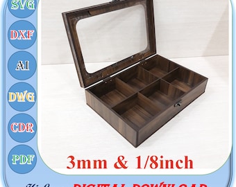Laser Cut Wooden Box for 3mm 1/8 inch, 3mm 1/8 inch 6 Compartment Tea Chest Cut File, Wooden Tea Box Svg, Wooden 6 Compartment Tea Box Svg