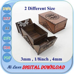 Scatola regalo tagliata al laser con coperchio in 2 diverse dimensioni, 3 mm 1/8 pollici 4 mm Scatola regalo in legno Svg Dxf Ai Cut File
