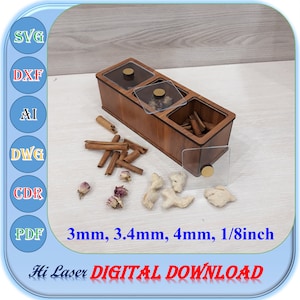 Boîte à épices en bois découpée au laser, 3 mm 3,4 mm 4 mm 1/8 po. Svg, boîte cadeau Svg, boîte à épices 3 compartiments Svg Dxf Ai