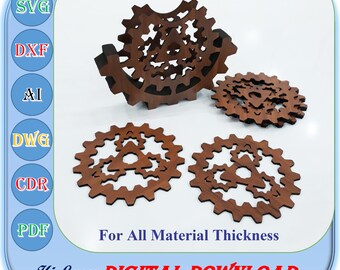 May include: Set of four brown wooden coasters shaped like gears. The coasters are stacked on top of each other, with the top coaster slightly offset from the others. The coasters are made of a dark wood and have a smooth finish. The text "For All Material Thickness" is printed on a white background below the coasters.