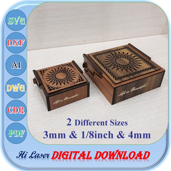 Wooden Gift Box Cut File in 2 different size, Laser Cut Jewelry Box file for 3mm 4mm 1/8inch, 3mm 4mm 1/8inch Gift Box Laser Cut File