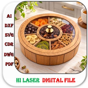 Wooden Round Box SVG, Storage Box Dxf ,Box with lid Laser Cut File,  Wooden 9 Compartment Box SVG, 3mm 4mm 1/8inch Box Svg