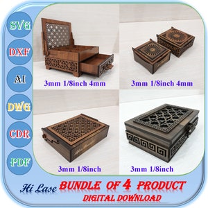 Paquete de caja de madera cortada con láser de 4 productos, caja de joyería de madera de 3 mm 4 mm 1/8 pulgadas Svg Dxf Ai, archivo de corte láser de caja de regalo de madera