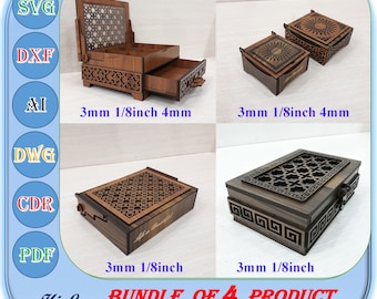 Paquete de caja de madera cortada con láser de 4 productos, caja de joyería de madera de 3 mm 4 mm 1/8 pulgadas Svg Dxf Ai, archivo de corte láser de caja de regalo de madera