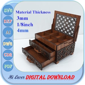 Laser Cut Wooden Jewelry Box Svg With 2 Drawer, 3mm 1/8inch 4mm Jewelry Box Svg Dxf Ai Cdr