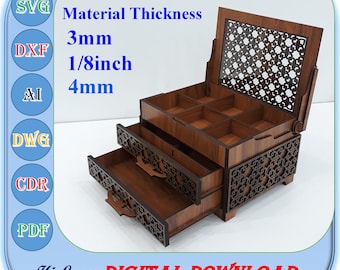 Laser Cut Wooden Jewelry Box Svg With 2 Drawer, 3mm 1/8inch 4mm Jewelry Box Svg Dxf Ai Cdr