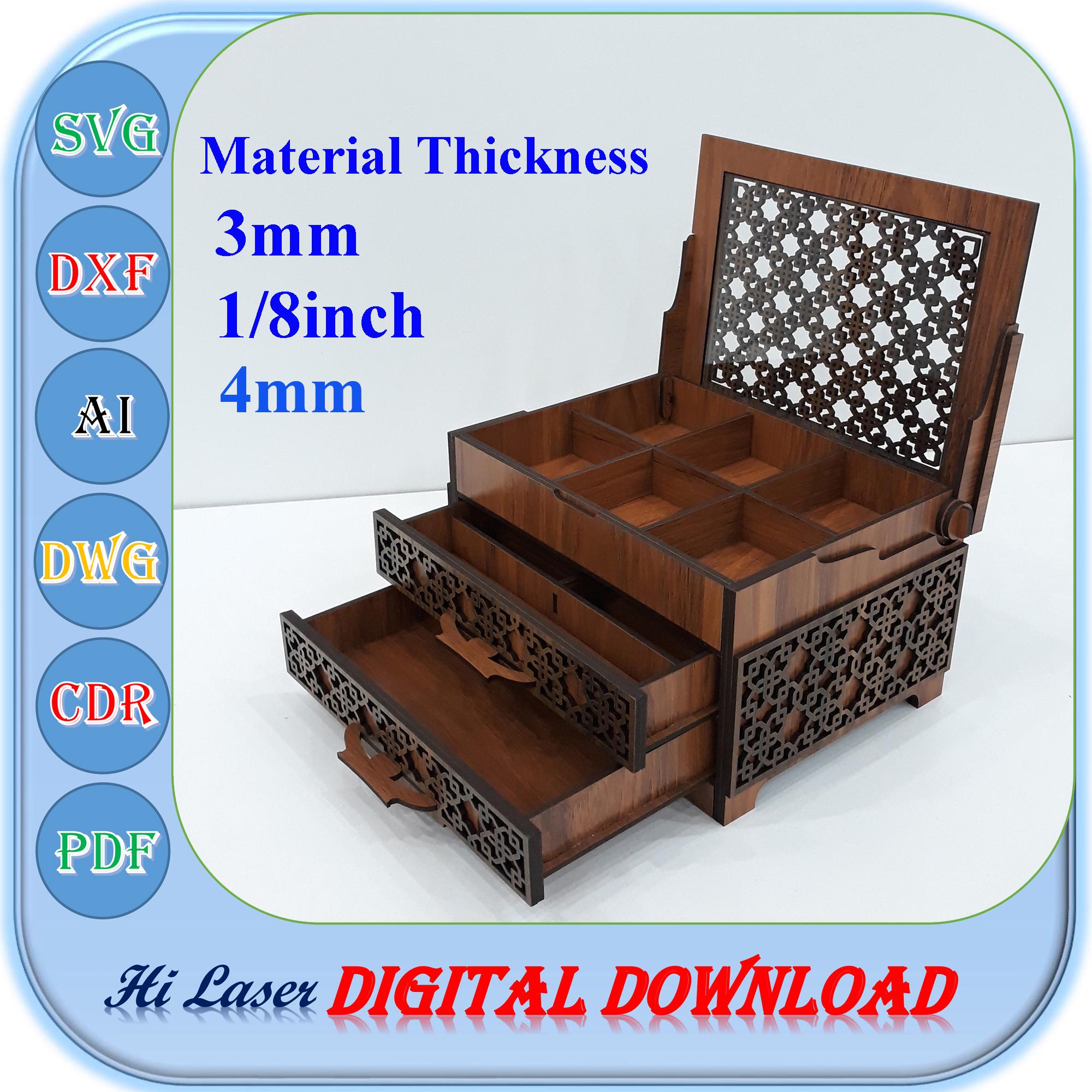 Laser Cut Wooden Jewelry Box Svg With 2 Drawer, 3mm 1/8inch 4mm Jewelry Box Svg Dxf Ai Cdr