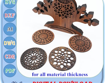 Wooden Tree Shaped Coaster Laser Cut Svg Dxf Ai File For All Material Thickness