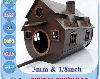 Wooden Bird House Laser Cut File 3mm 1/8inch, Bird House Svg Dxf Ai Cut File, Bird Nest Cut File