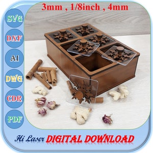 Laser geschnittene Holzkiste mit 6 Fächern, 3mm 4mm 1/8inch Box svg, Box Vorlage mit 6 Fächern, 3mm 4mm 1/8inch Laser Cut Box, Gewürzbox svg