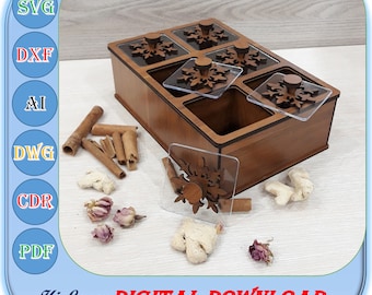 Laser geschnittene Holzkiste mit 6 Fächern, 3mm 4mm 1/8inch Box svg, Box Vorlage mit 6 Fächern, 3mm 4mm 1/8inch Laser Cut Box, Gewürzbox svg