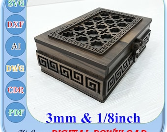 Caja de regalo Svg Dxf, 3 mm 1/8 pulgadas Caja de joyería Archivos cortados por láser