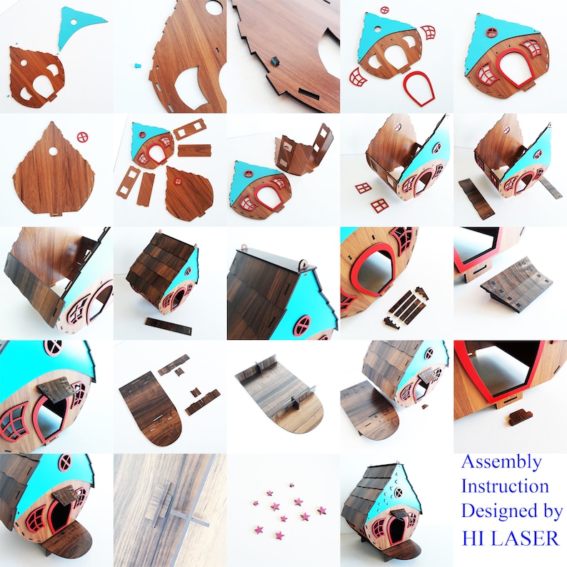 May include: A step-by-step assembly instruction guide for a wooden birdhouse with a teal roof and red accents. The birdhouse is designed by HI LASER.