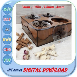 Boîte en bois de 4 compartiments découpée au laser, boîte de rangement Svg Dxf Ai de 3 mm 3,4 mm 4 mm 1/8 po.