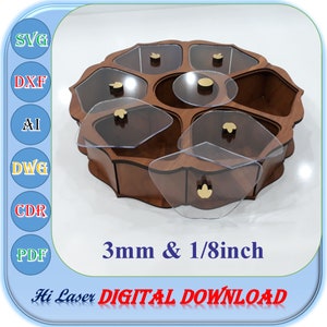 Caja redonda de madera cortada con láser, caja redonda de madera de 3 mm 1/8 pulgadas svg, caja redonda de 7 compartimentos SVG, caja de chocolate svg, caja de madera de 3 mm 1/8 pulgadas svg