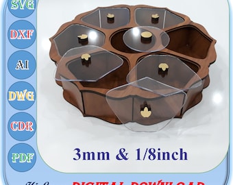 Caja redonda de madera cortada con láser, caja redonda de madera de 3 mm 1/8 pulgadas svg, caja redonda de 7 compartimentos SVG, caja de chocolate svg, caja de madera de 3 mm 1/8 pulgadas svg