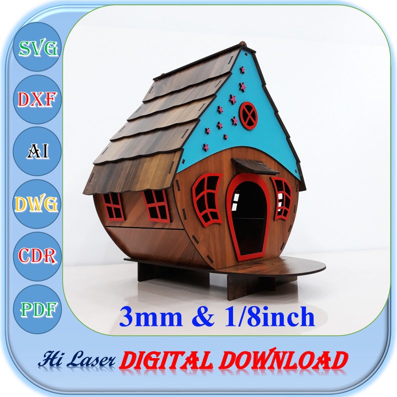 May include: A digital download of a 3mm or 1/8 inch thick laser cut file for a wooden house with a blue roof and red windows. The house has a curved base and a small porch. The roof has a pattern of stars.