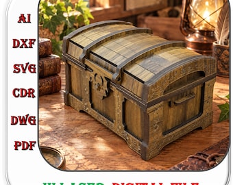 May include: A wooden treasure chest with a curved lid and dark brown trim, featuring intricate engraved details. The text AI, DXF, SVG, CDR, DWG, PDF, HI LASER, and DIGITAL FILE is visible on the image, indicating a digital file for laser cutting.
