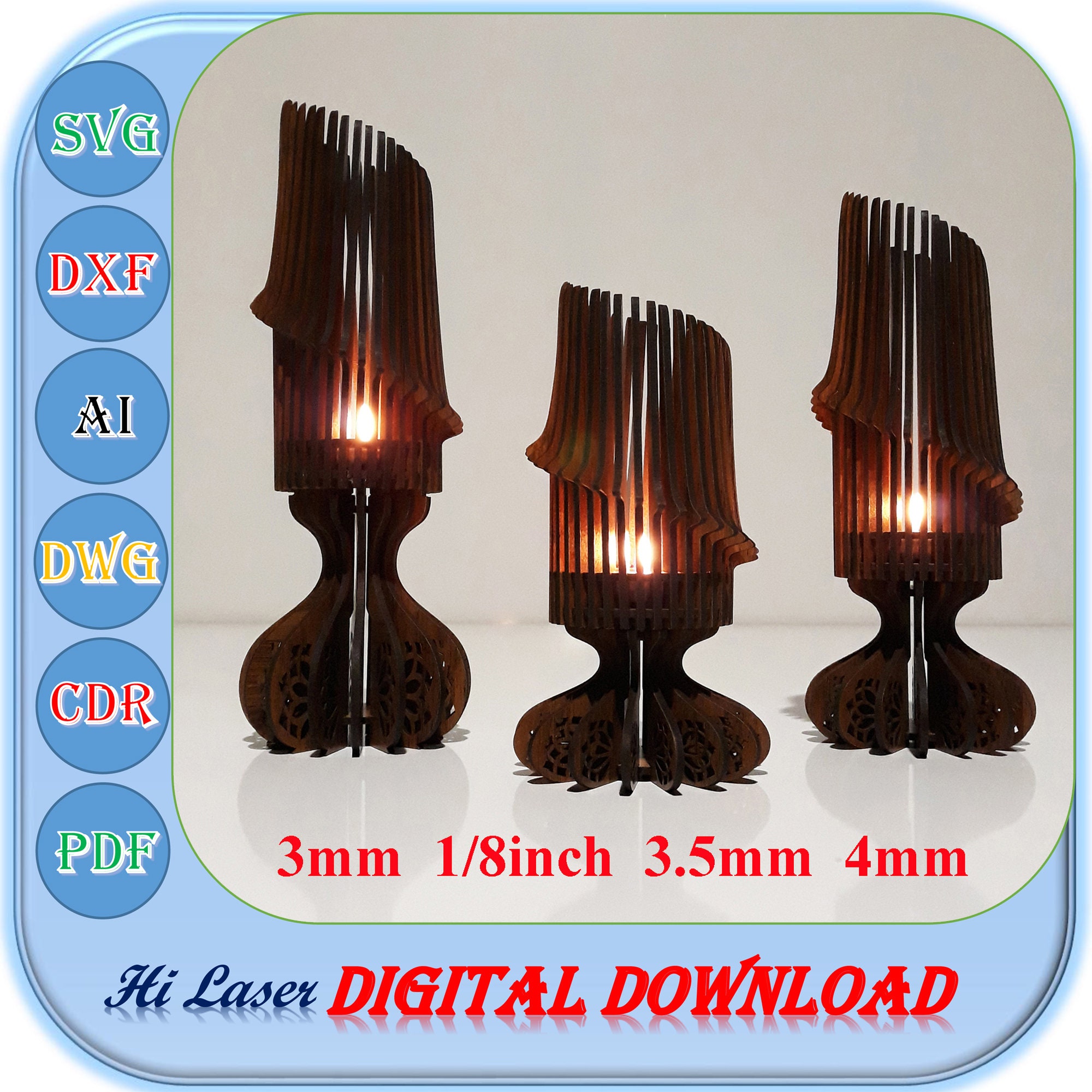 Laser Cut Tealight Candle Holder file, Laser Cut Candle Holder Template, 3mm 1/8inch 3.5mm 4mm Wooden Candle Stick Svg Dxf Ai Cut File