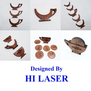 May include: Set of six wooden coasters featuring a coffee cup design. The coasters are made of dark brown wood and have a laser-engraved design. The coasters are arranged in a circle with a larger coaster in the center. The larger coaster has a coffee cup design with the word "coffee" engraved on it. The smaller coasters have a coffee cup design with the word "coffee" engraved on them. The coasters are designed by HI LASER.