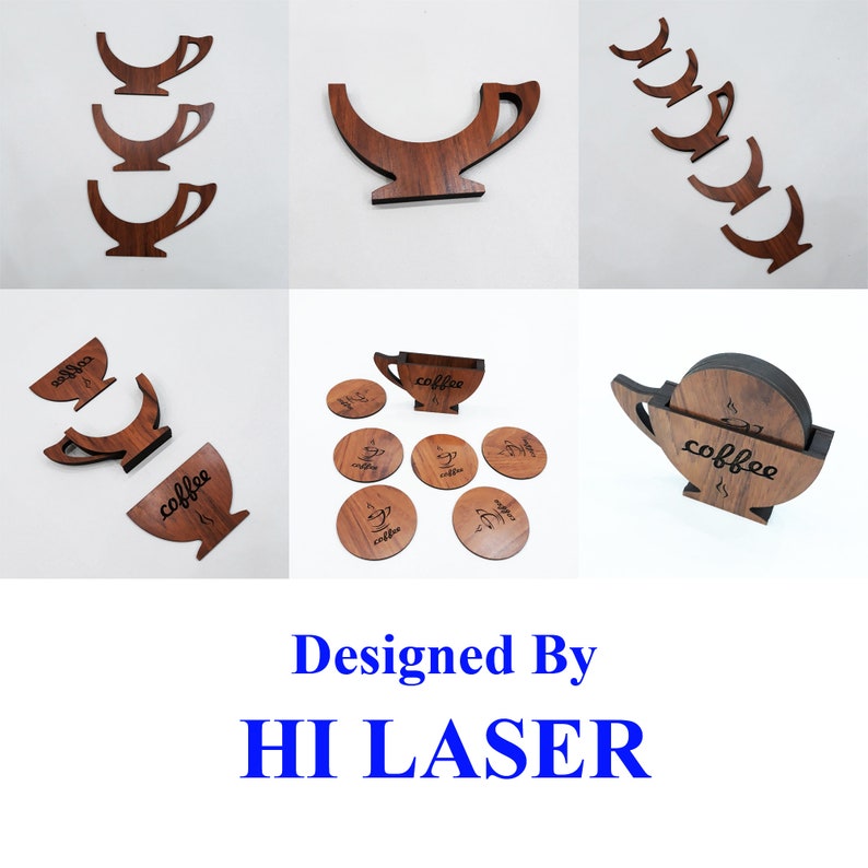 May include: Set of six wooden coasters featuring a coffee cup design. The coasters are made of dark brown wood and have a laser-engraved design. The coasters are arranged in a circle with a larger coaster in the center. The larger coaster has a coffee cup design with the word "coffee" engraved on it. The smaller coasters have a coffee cup design with the word "coffee" engraved on them. The coasters are designed by HI LASER.