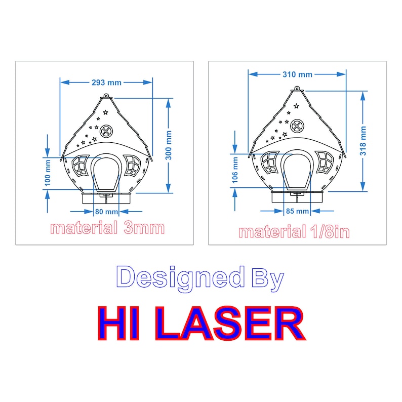 May include: Line drawing of a house with a pointed roof and windows. The house is 3 inches tall and 3 inches wide. The drawing is labeled "material 1/8in".