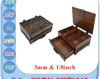 Wooden Jewelry Box Svg Dxf  with Drawer and Sliding Lock, 3mm 1/8inch Laser Cut Box Template